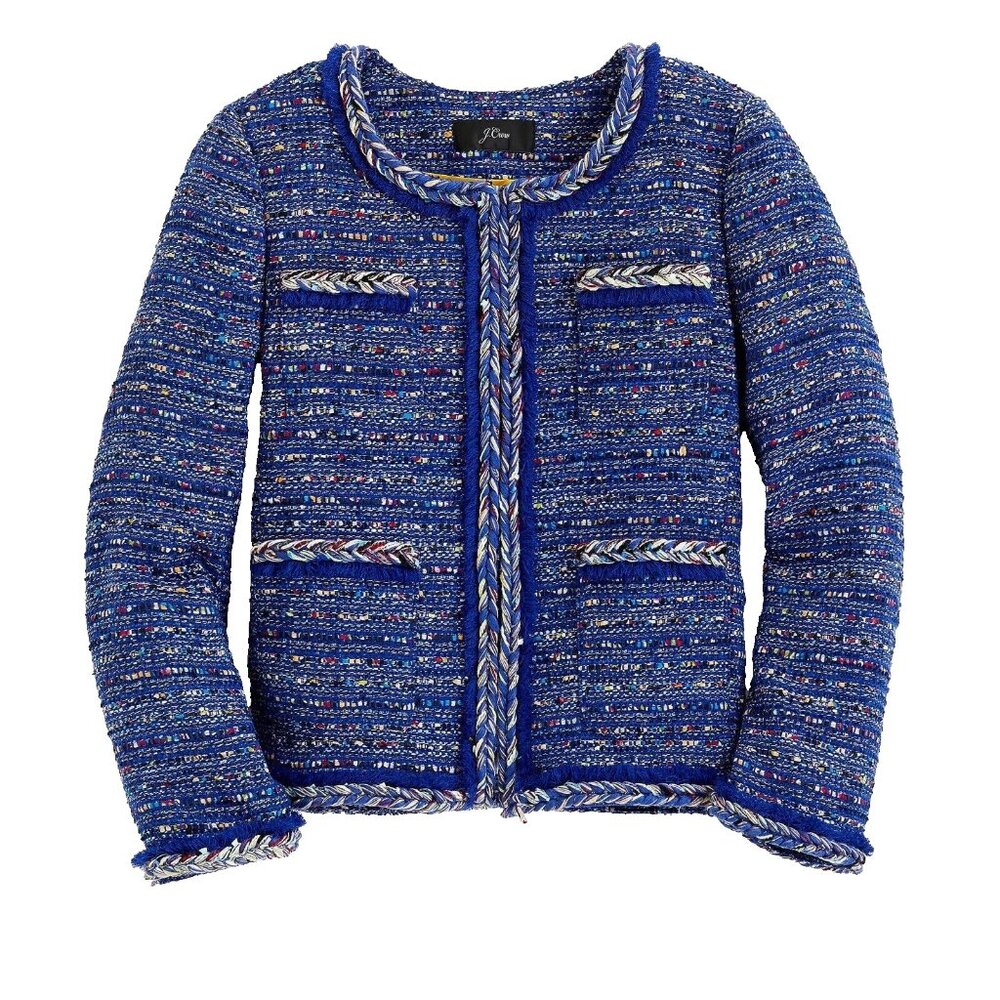NWT J.Crew Lady Jacket in Cobalt Rainbow Tweed Braided Trim Fringe 4 $248